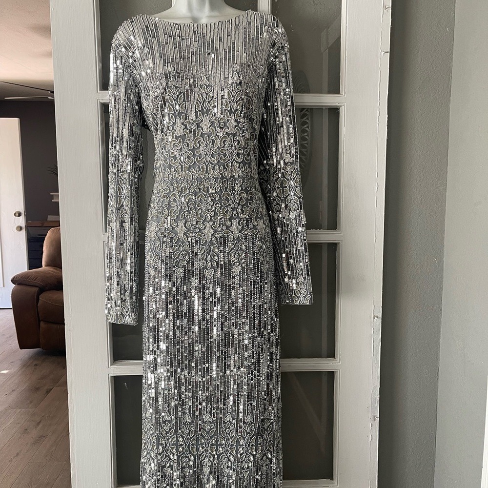 Mac Duggal Silver Long Sleeve Sequin Dress - Picture 6 of 14